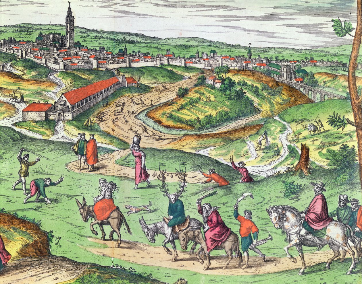 Sevilla városterve, a Civitates Orbis Terrarumból Georg Braun 1541-1622 és Frans Hogenberg 1535-90, 1593 színes metszet részlete 121051 alkotó: Joris Hoefnagel