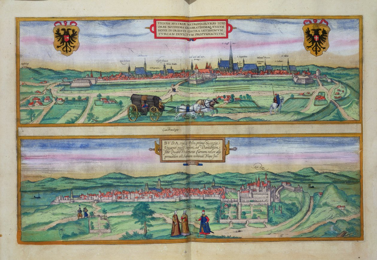 Bécs és Buda városterve, Georg Braun (1541-1622) és Frans Hogenberg (1535-90) „Civitates Orbis Terrarum”-ból, 1572 körül alkotó: Joris Hoefnagel