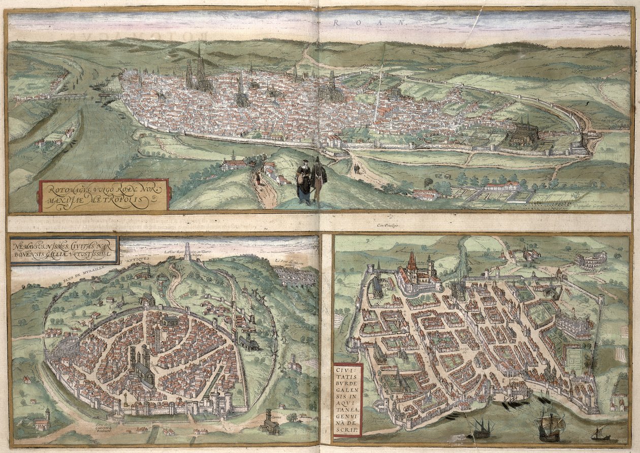 Rouen, Nimes és Bordeaux várostervei, Georg Braun (1541-1622) és Frans Hogenberg (1535-90) "Civitates Orbis Terrarum" című művéből, 1572 körül. alkotó: Joris Hoefnagel