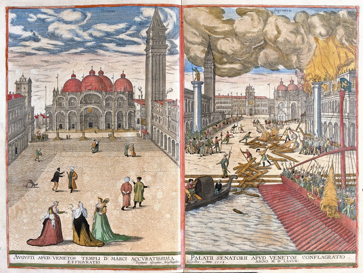 Velence, Olaszország: Szent Márk-templom és a tűz a velencei dózse palotájában 1577-ben (rajz alkotó: Joris Hoefnagel