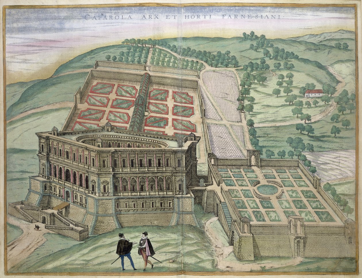 A Villa Farnese és a kertek látképe, Georg Braun (1541-1622) és Frans Hogenberg (1535-90) "Civitates Orbis Terrarum" című művéből, 1572-1617 körül. alkotó: Joris Hoefnagel