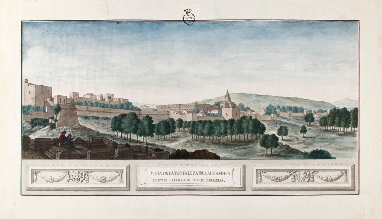 Kilátás a Granadai Alhambra városra a Torres Bermejas kastélyból. alkotó: José de Hermosilla