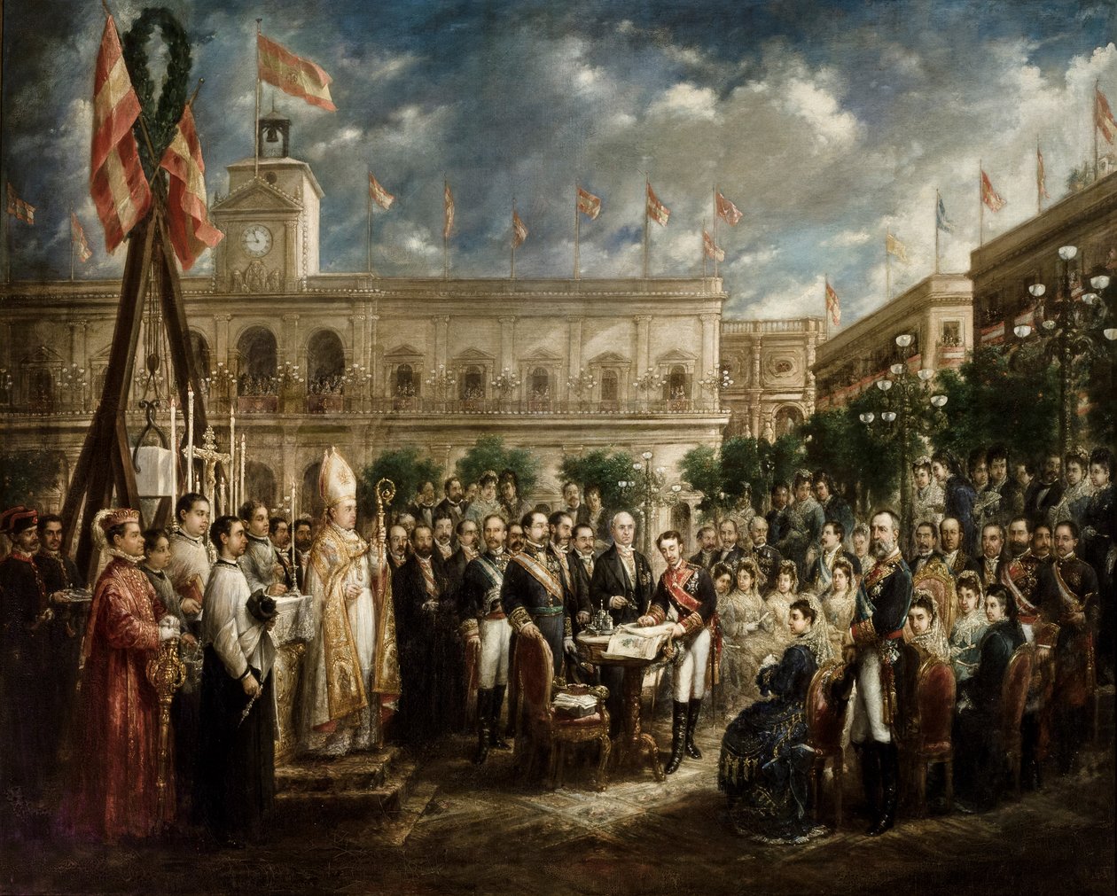 XII. Alfonso aláírta a San Fernando emlékmű első kövének letételéről szóló okiratot alkotó: José María Romero y López