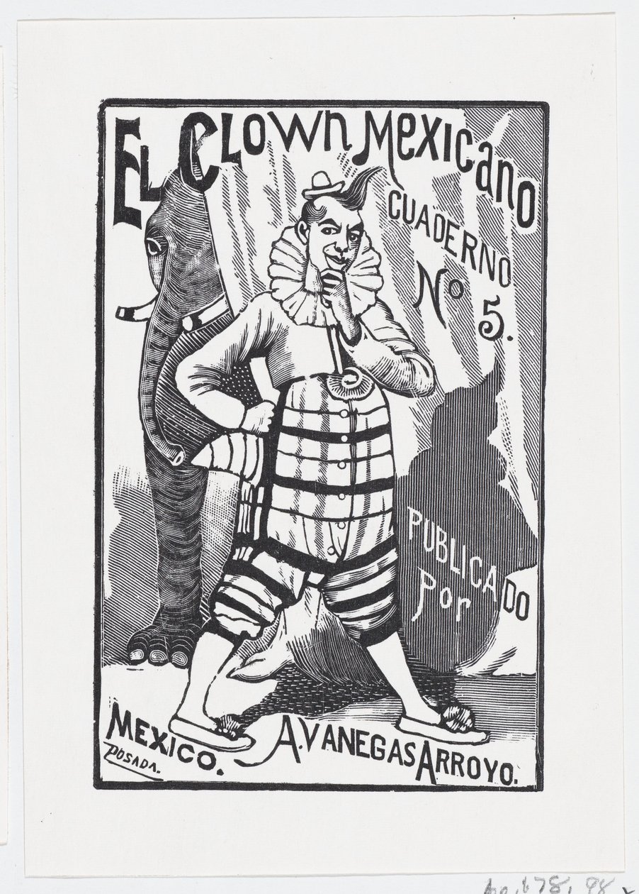 Egy bohóc áll a csípőre tett kézzel, és egy elefánt néz ki hátulról..., kb. 1880-1910. alkotó: José Guadalupe Posada