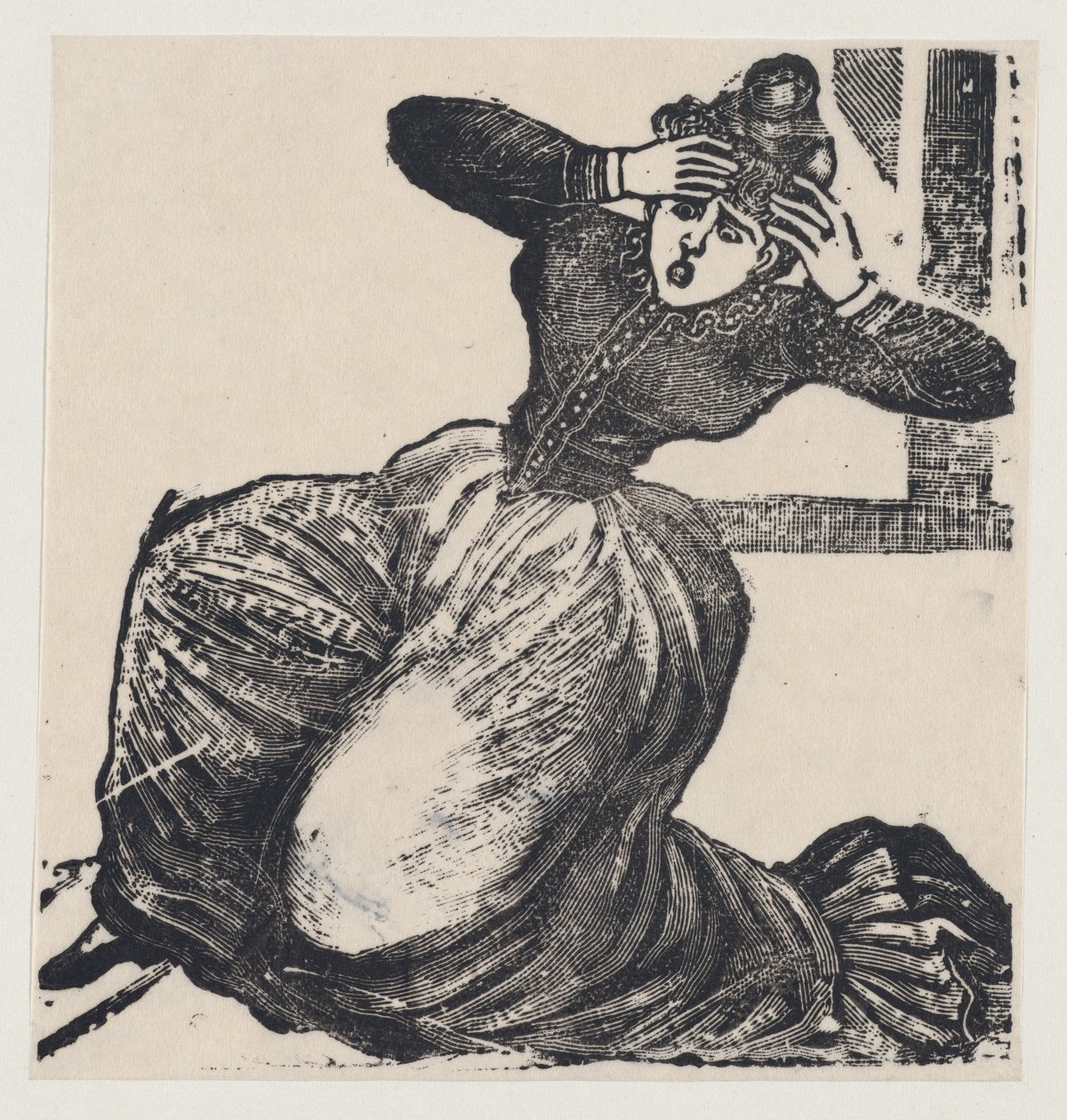 Lihegő nő a földön, fejéhez emelt kézzel, egy széles oldalról, melynek címe..., 1893. alkotó: José Guadalupe Posada