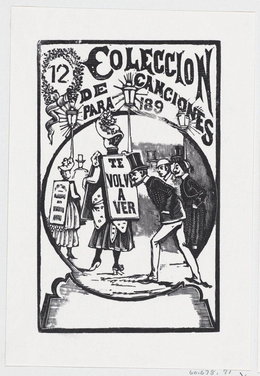 Egy férfi lehajol, hogy egy nőre nézzen, hátán egy tábla, illusztráció: „..., kb. 1890. alkotó: José Guadalupe Posada