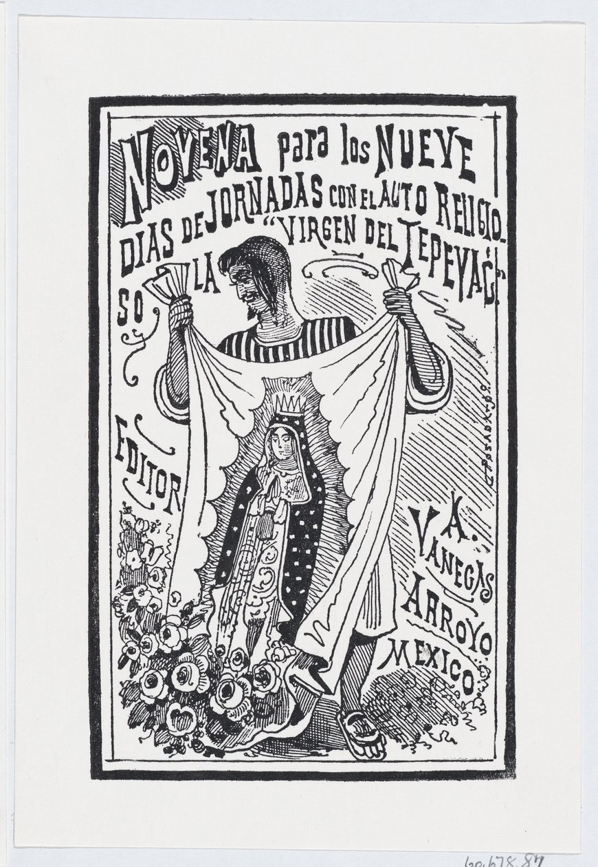 Egy férfi feltart egy darab szövetet a Szűz képével, illusztráció: ..., kb. 1880-1910. alkotó: José Guadalupe Posada