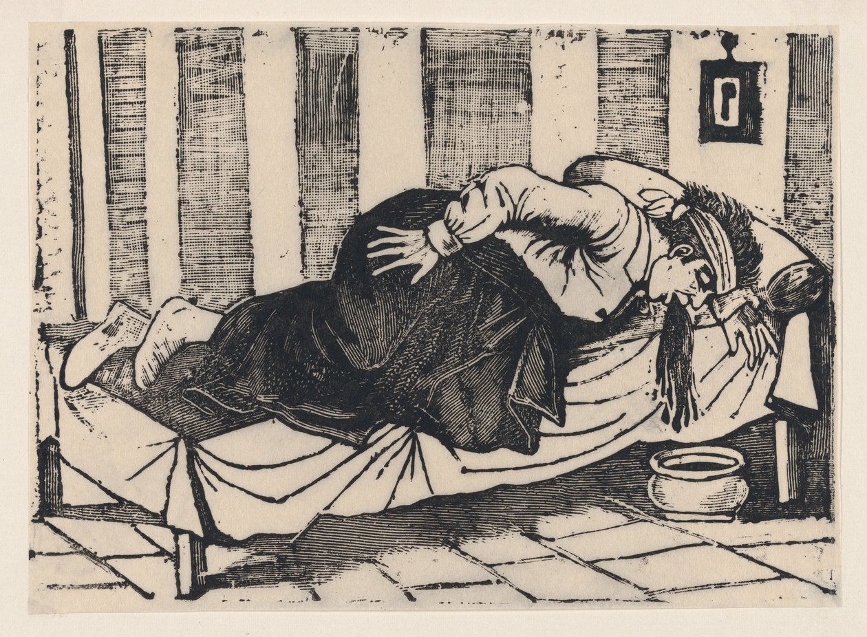 Egy férfi, aki az ágy széle fölé hajol, és hányt, egy széles oldalról "Aurelio halála...", 1892. alkotó: José Guadalupe Posada