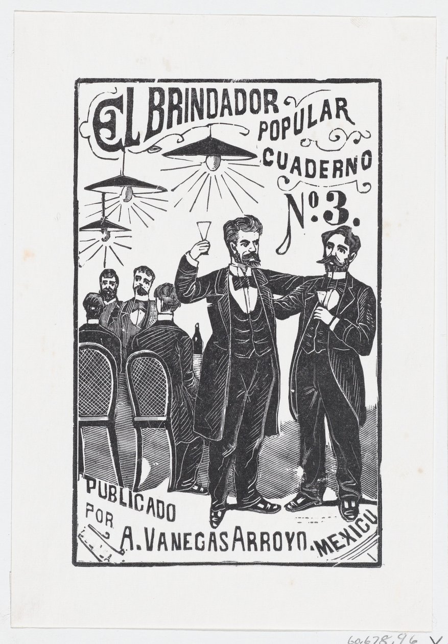Egy férfi felemeli a poharát egy asztalnál ülő férfi csoporttal a háttérben,..., kb. 1890-1899. alkotó: José Guadalupe Posada