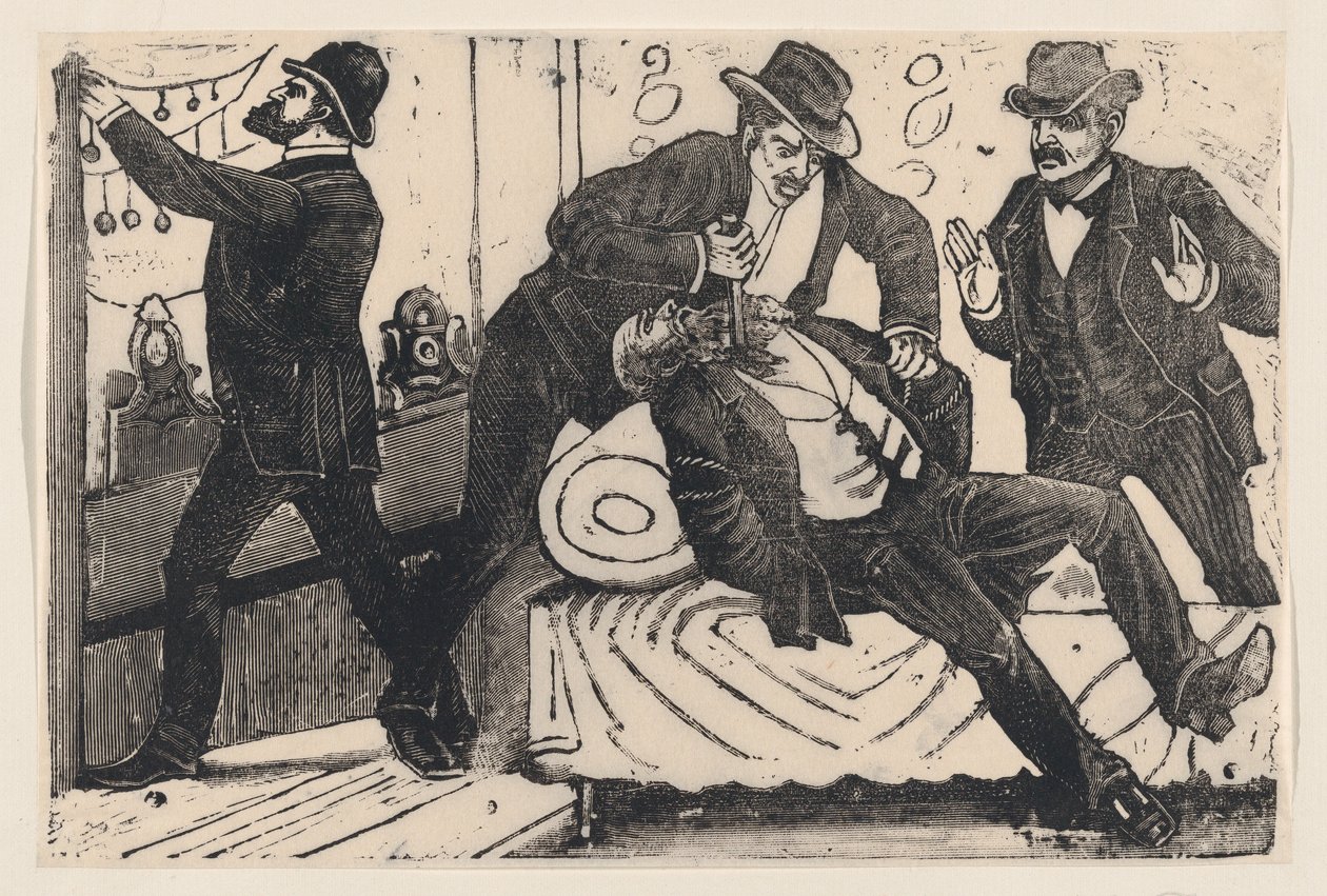 Egy férfi mellkason szúrt egy másik férfit, miközben társai kifosztottak egy üzletet egy..., kb. 1890-1891. alkotó: José Guadalupe Posada