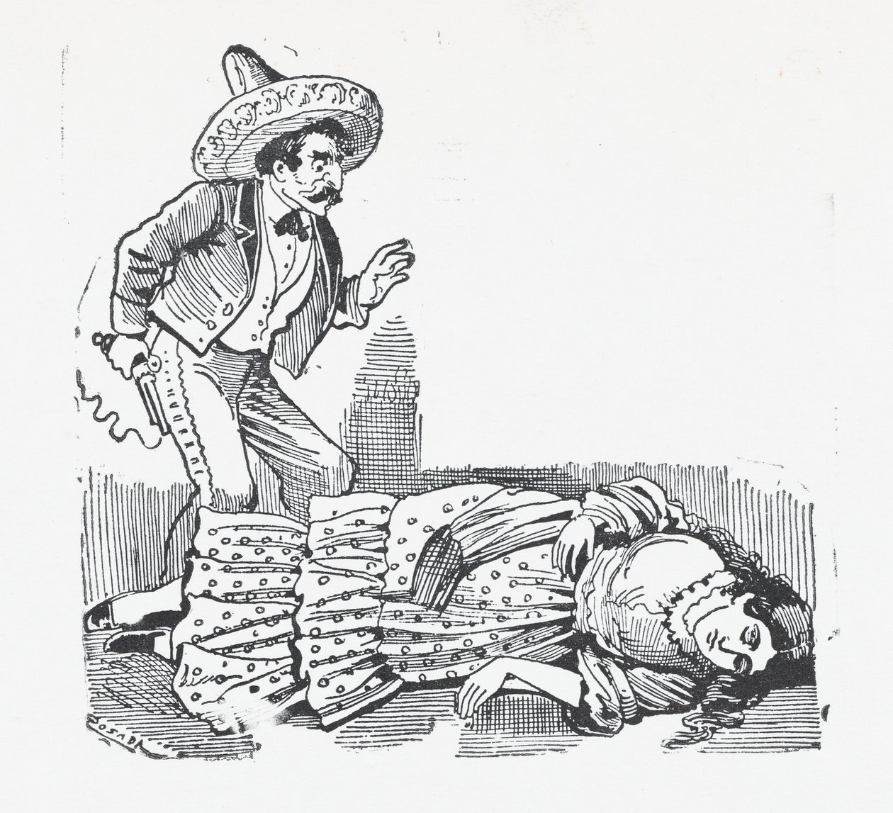 Egy férfi fegyverrel áll egy nő fölött, akit éppen lelőtt, kb. 1880-1910., kb. 1880-1910. alkotó: José Guadalupe Posada