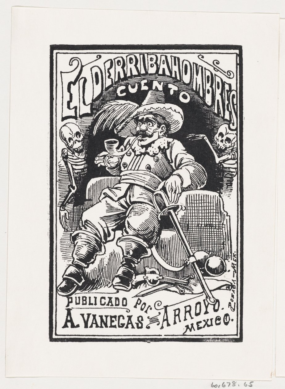 Egy férfi fegyverrel és pipával a szájában, két csontváz mellett, illusztráció..., kb. 1880-1910. alkotó: José Guadalupe Posada
