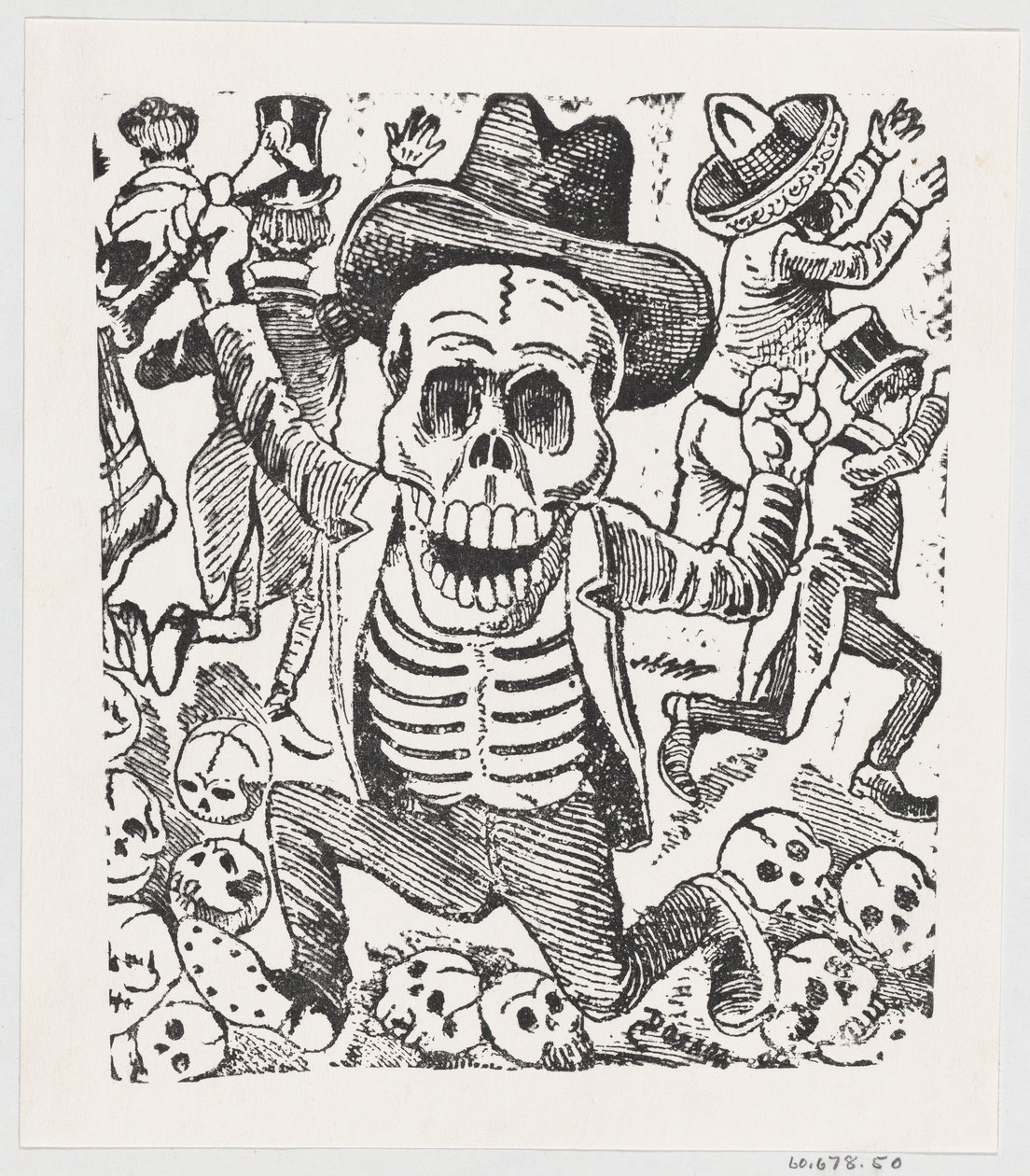 Egy csontváz csontot tartva, és átugrik egy halom koponyán, miközben az emberek menekülnek, fr..., kb. 1907. alkotó: José Guadalupe Posada