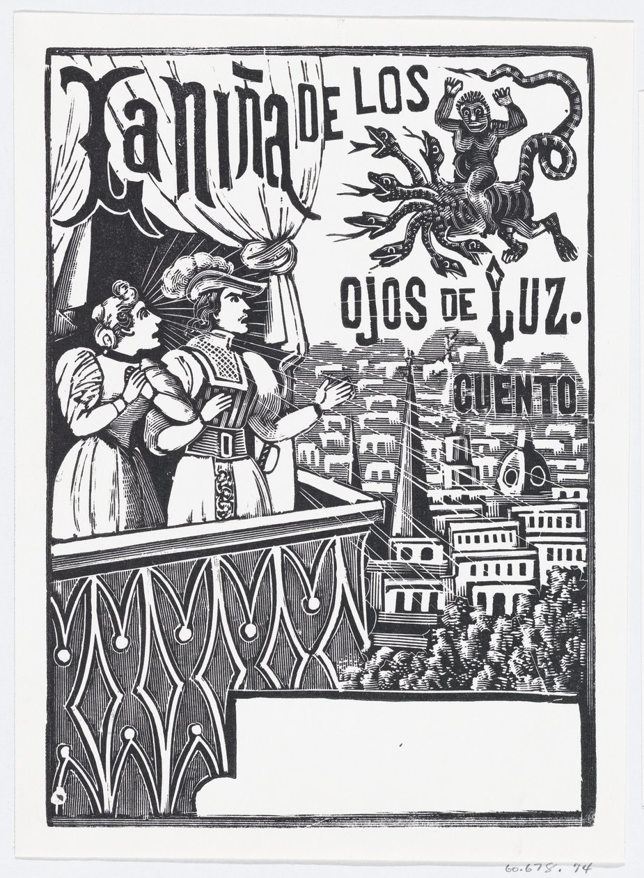 Egy nő és egy férfi az erkélyen állva felnéz egy repülő szörnyre az égen..., kb. 1880-1910. alkotó: José Guadalupe Posada