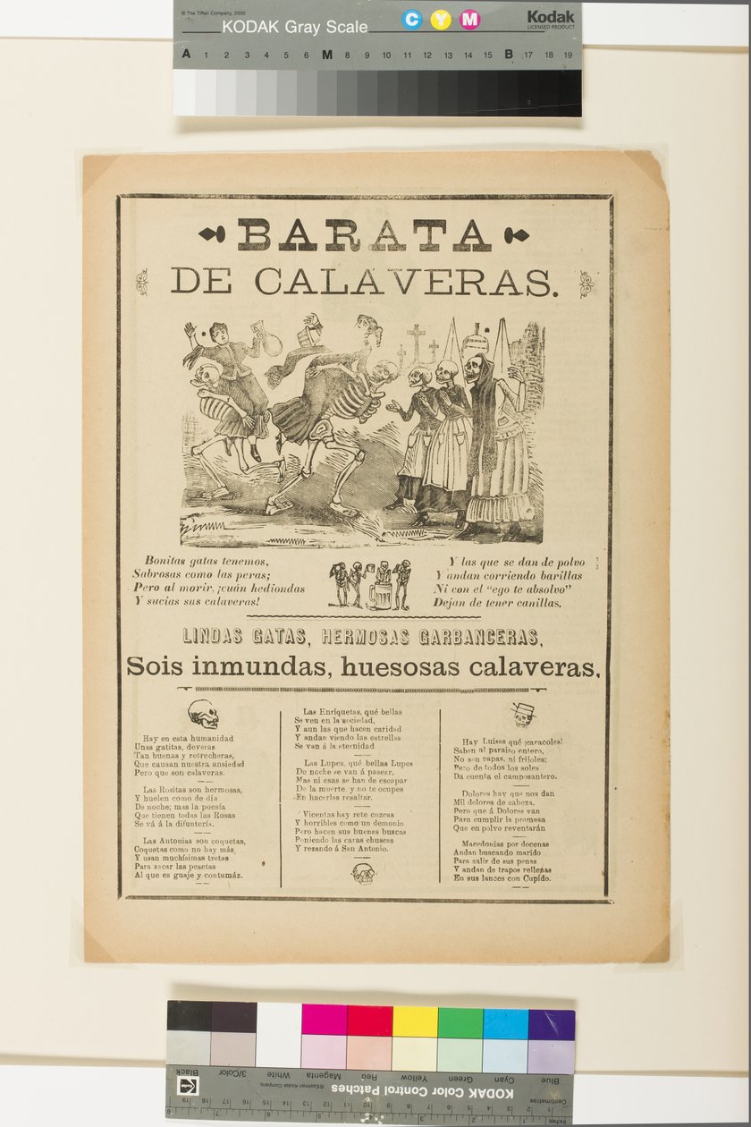 Szélső oldal: Skull Sale, 1890 körül (újságpapíron litho) alkotó: José Guadalupe Posada