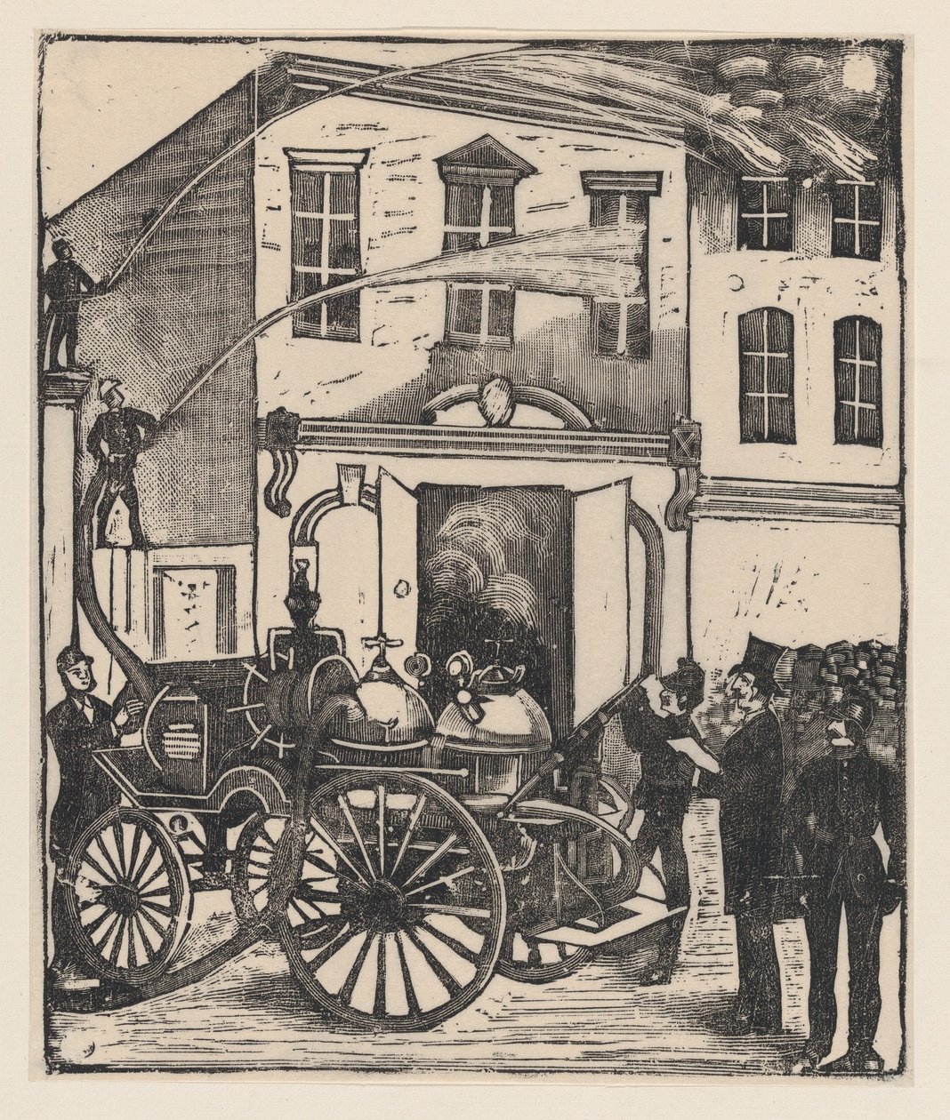 Tűzoltók oltottak tüzet egy házban, tűzoltóautó az előtérben, kb. 1880-1910., kb. 1880-1910. alkotó: José Guadalupe Posada