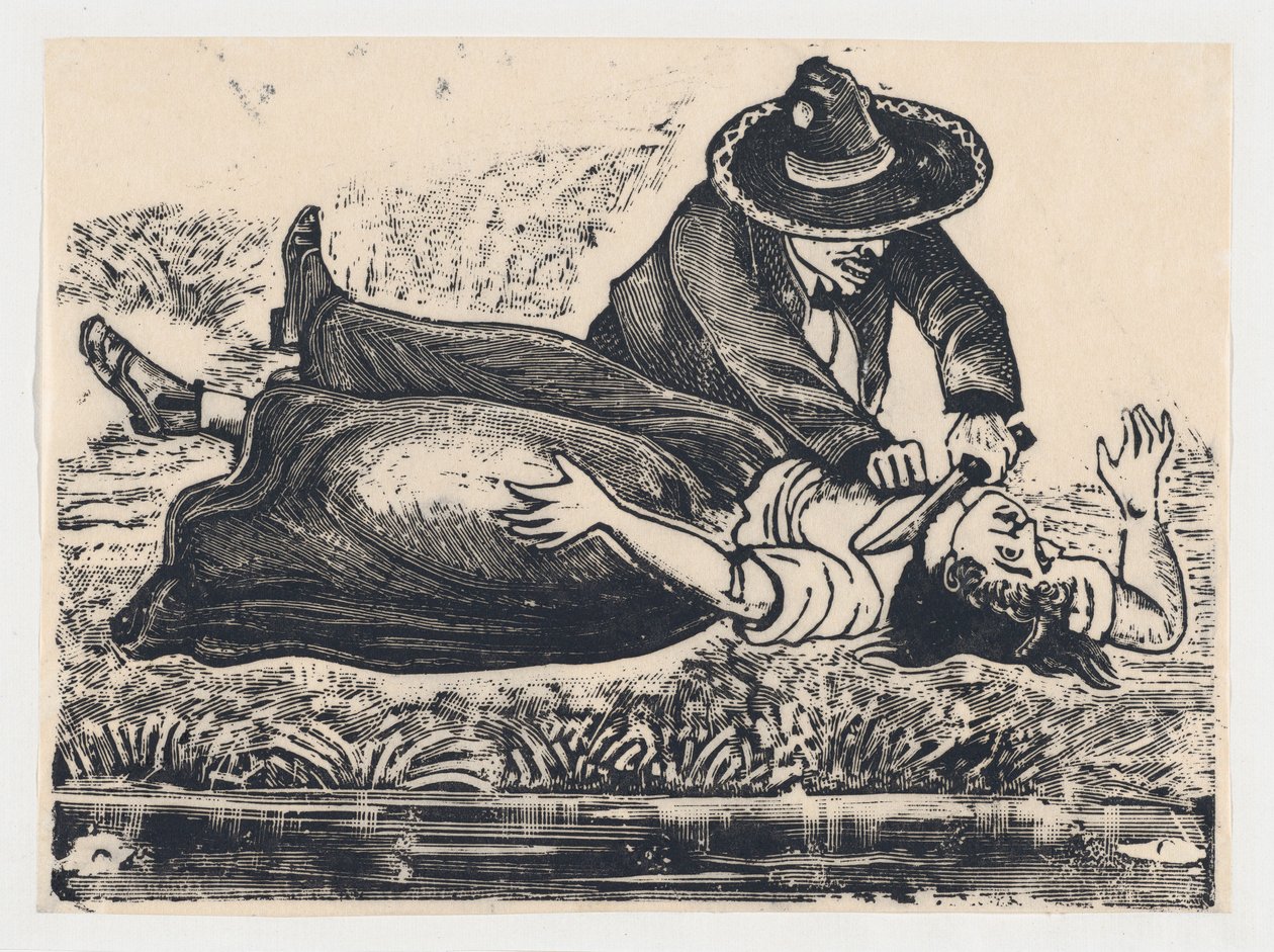 Francisco Guerrero, a mellénykészítő és elvágta a torkát, meggyilkolt egy nőt, kb. 19..., kb. 1905-1910. alkotó: José Guadalupe Posada
