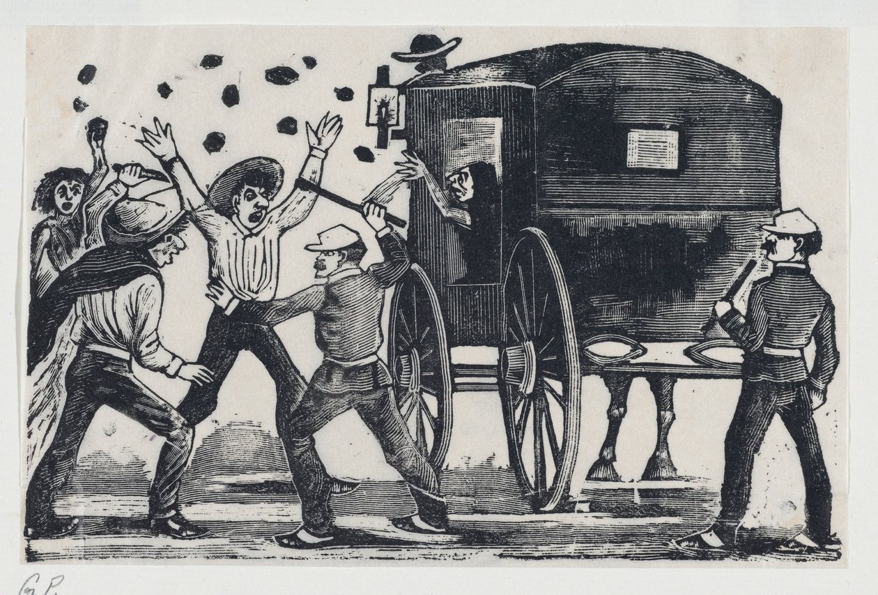 Férfiak harcoló ló és hintó közelében, kb. 1900-1910., kb. 1900-1910. alkotó: José Guadalupe Posada