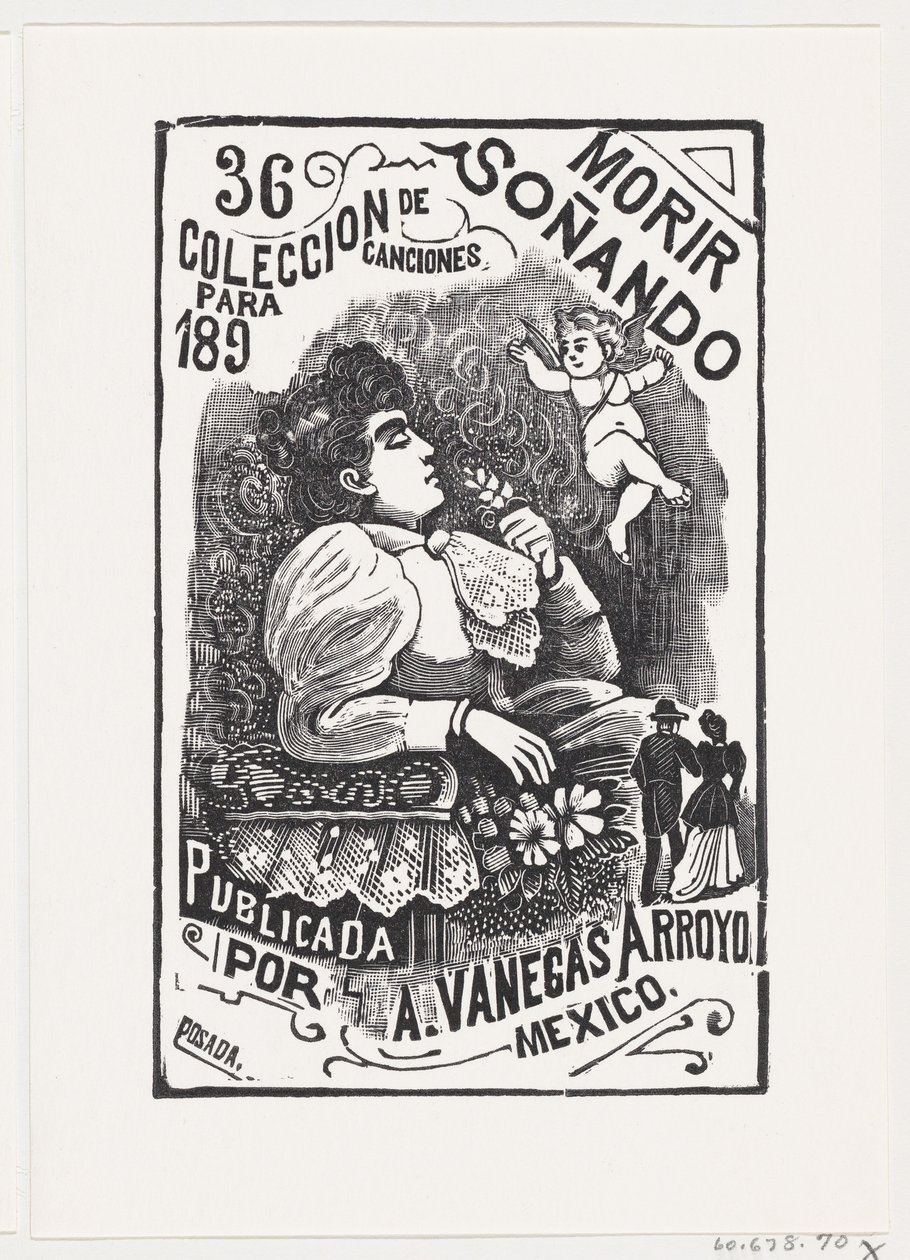 Egy nő profilja egy széken hátrahajtott fejjel, és virágot tart, il..., kb. 1890. alkotó: José Guadalupe Posada