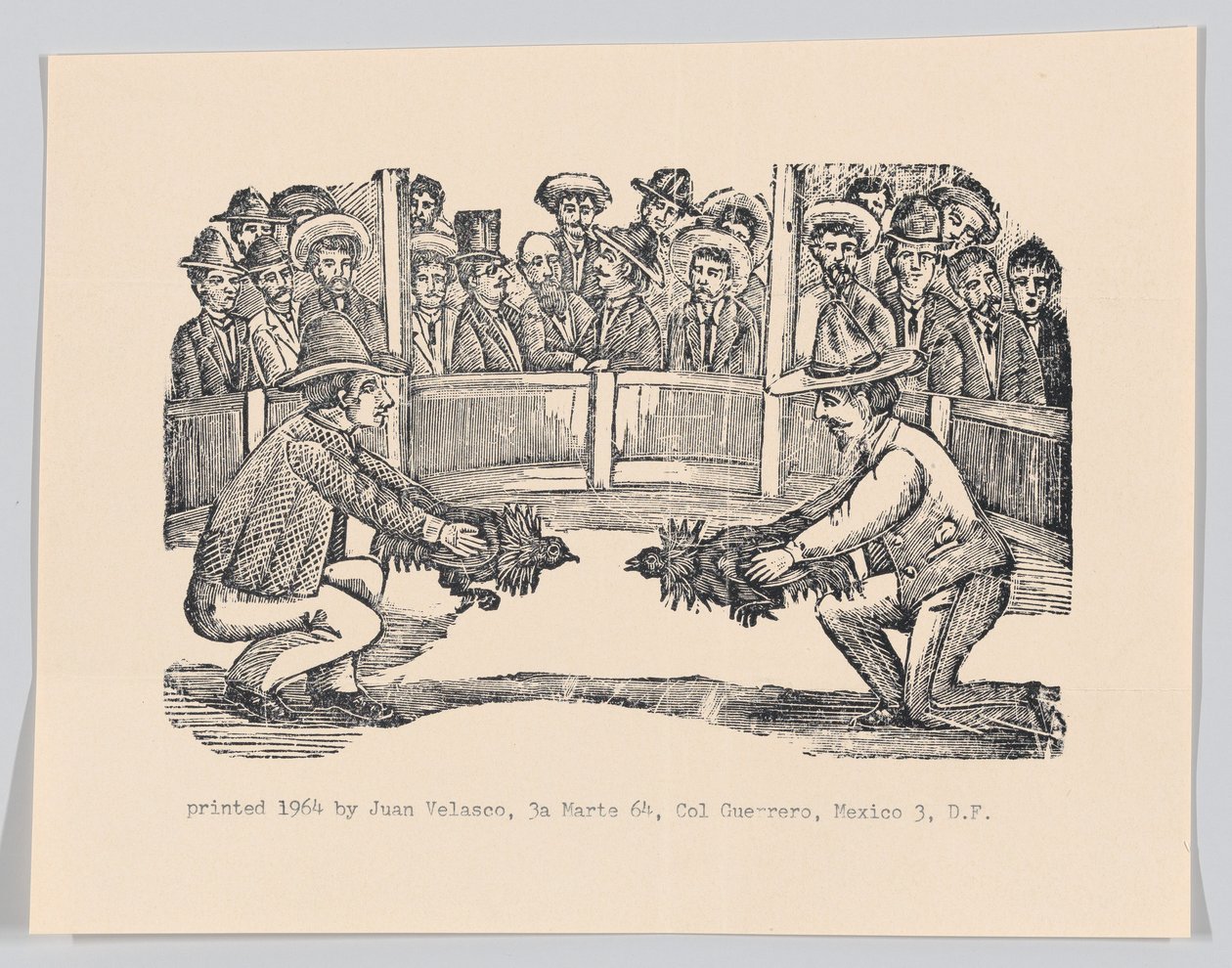 Két férfi az arénában kakasokkal harcra készülve, spe..., kb. 1890-1910, újranyomva 1964. alkotó: José Guadalupe Posada