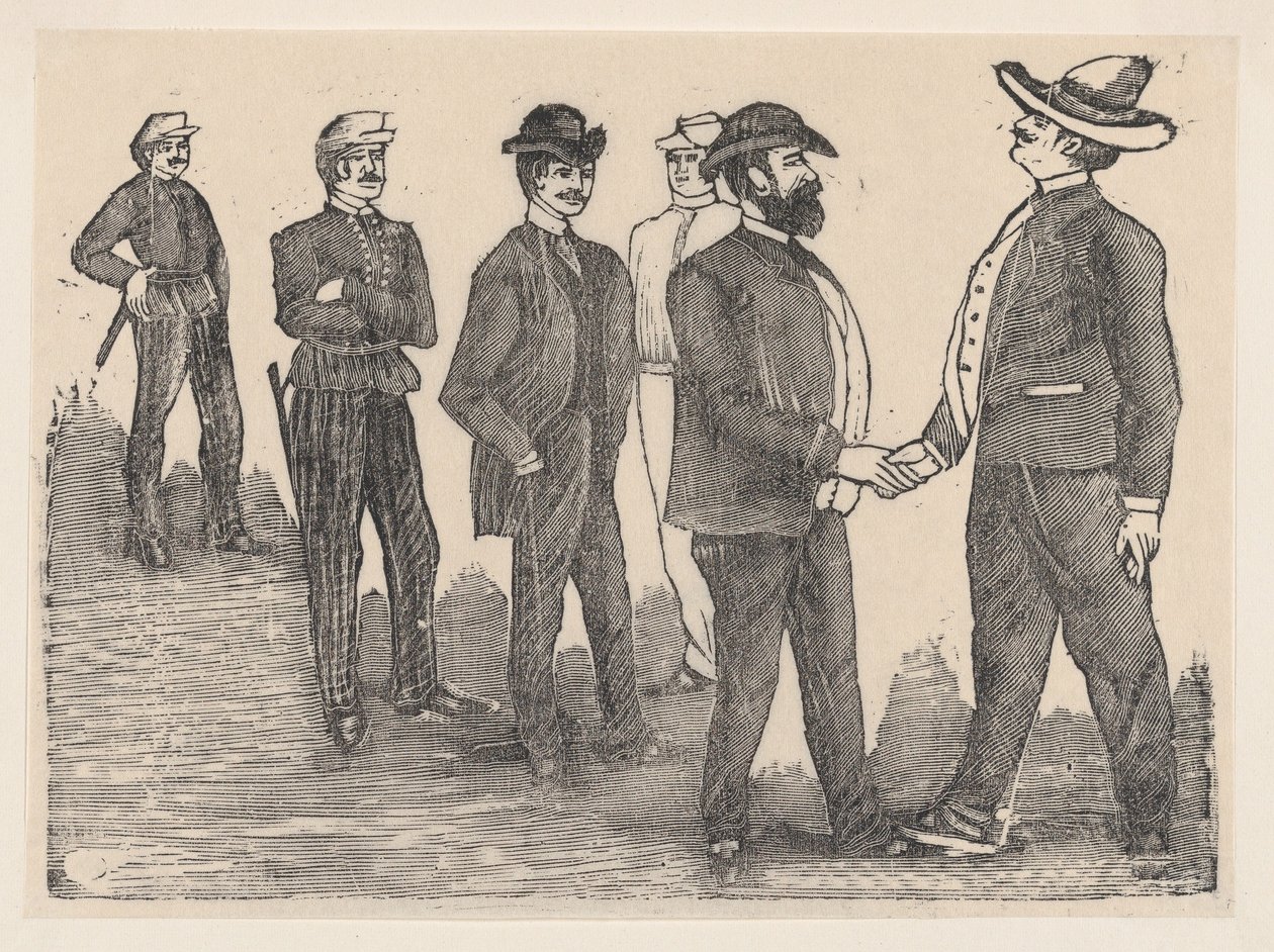 Két férfi kezet fog az előtérben, és tisztek figyelik őket a háttérben..., kb. 1880-1910. alkotó: José Guadalupe Posada