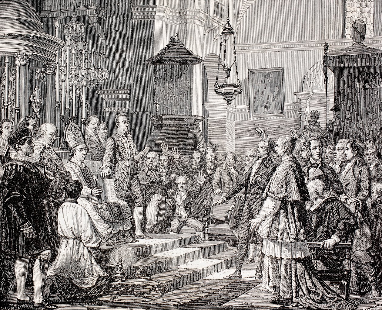 A képviselők eskütétele a spanyolországi Cadizi Cortes megnyitó ülésén 1810-ben, az Univerzális Múzeumból, Tomas Carlos Capuz (1834-99) és Salmon metszetében, 1862-ben. alkotó: Jose Casado de Alisal