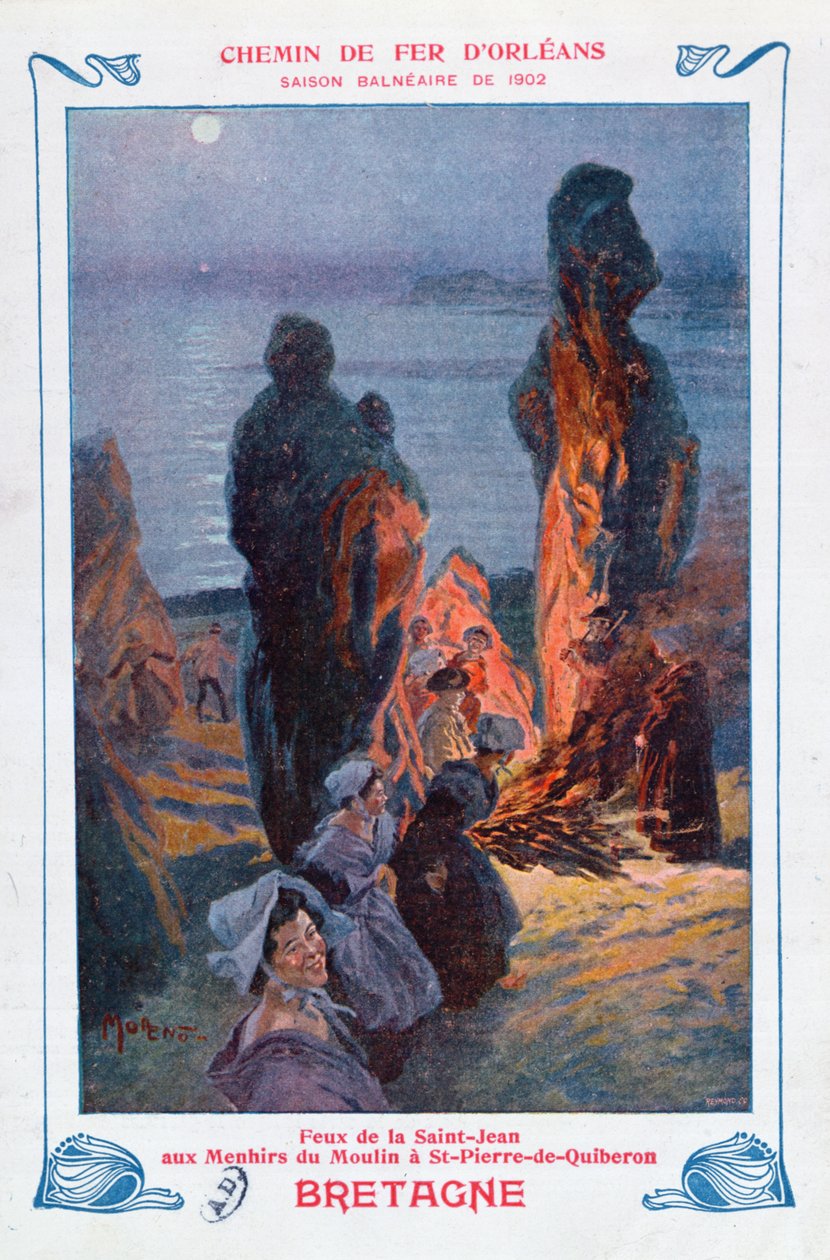 A nyári napforduló alkalmából meggyújtott máglyák Saint-Pierre-de-Quiberonban, Bretagne, az Orleans-i vasút plakátja, 1902. alkotó: Jose Moreno Carbonero