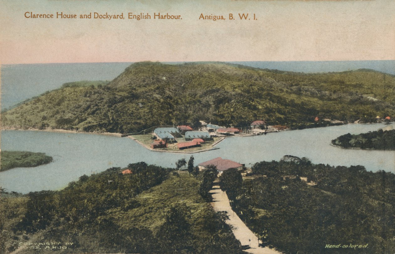 „Clarence House and Dockyard, English Harbour. Antigua, B.W.I., XX. század eleje. alkotó: Jose Anjo
