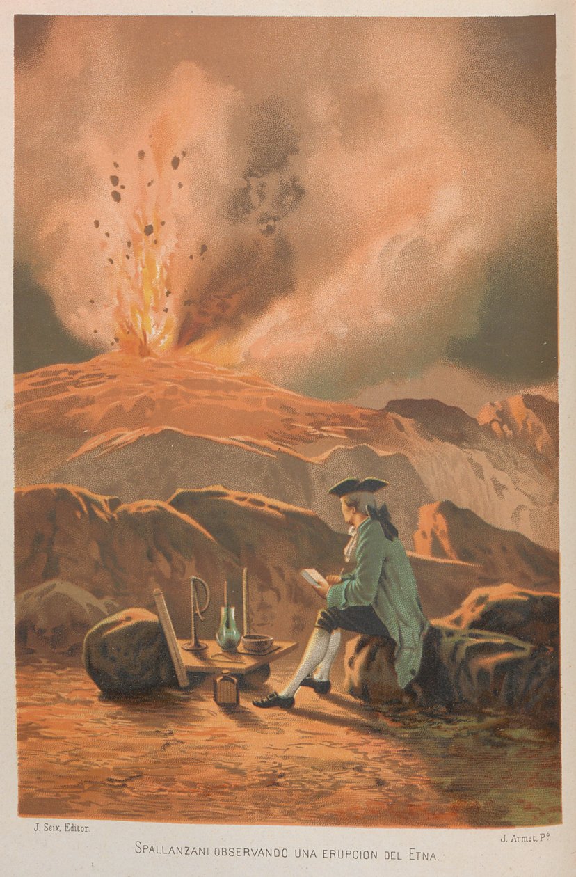 Lazzaro Spallanzani az Etna kitörését figyeli. Innen: A tudomány és emberei, 1879. alkotó: Jose Armet Portanell