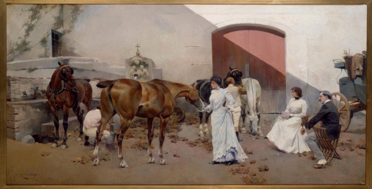 J. Cusachs y Cusachs, Pferdewechsel / Gemälde, 1901 alkotó: Jose Cusachs y Cusachs