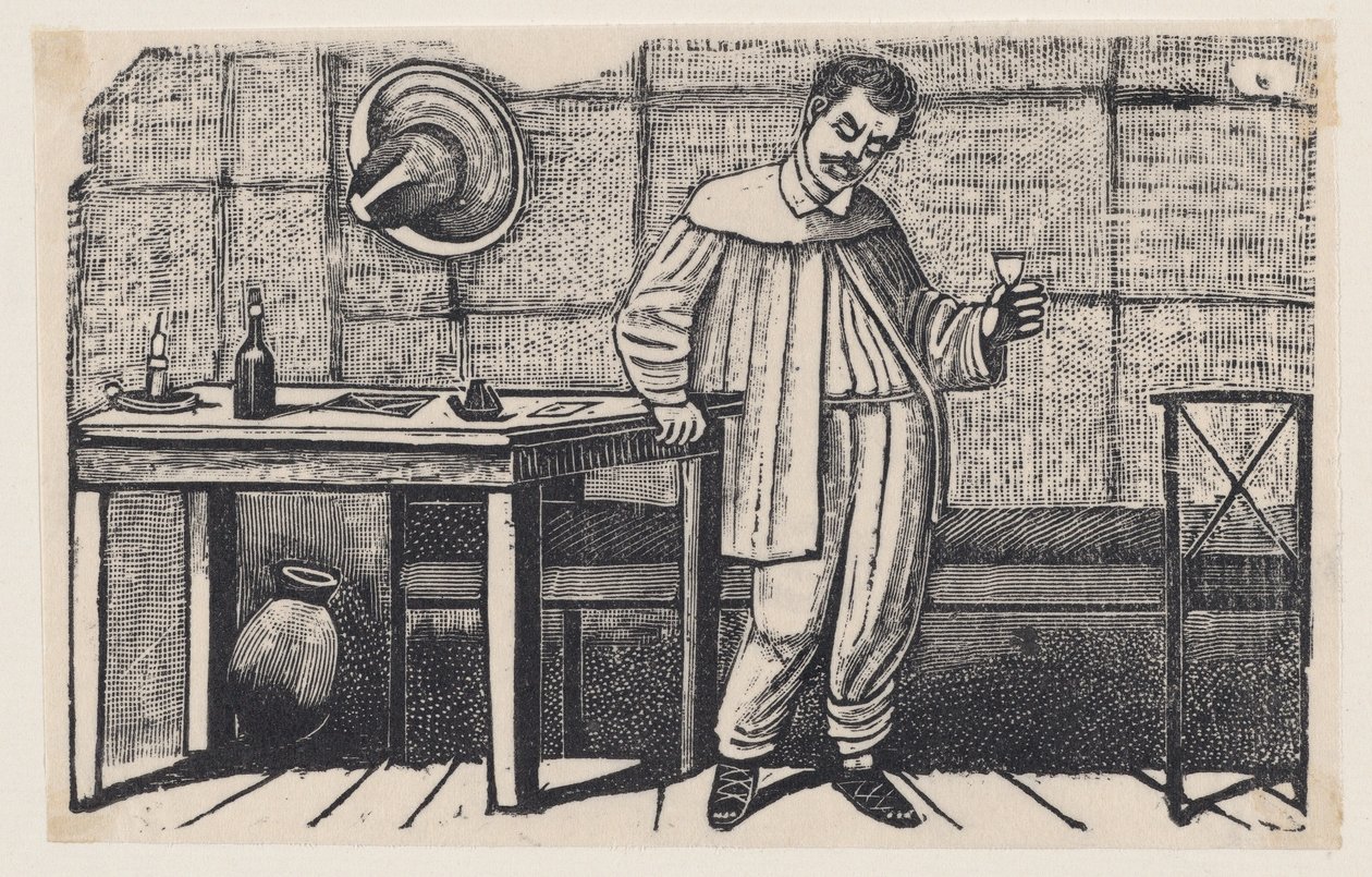 Egy férfi pohárral a kezében, lefelé nézve és egy asztalnak támaszkodva, illusztráció az „El huérfano” című műből alkotó: José Guadalupe Posada