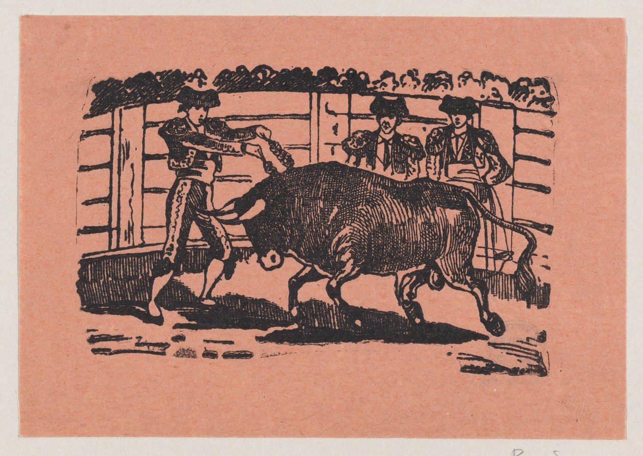 Ein Torero platziert Banderillas in die Schultern des Stiers, während zwei Männer hinter dem Stier stehen alkotó: José Guadalupe Posada
