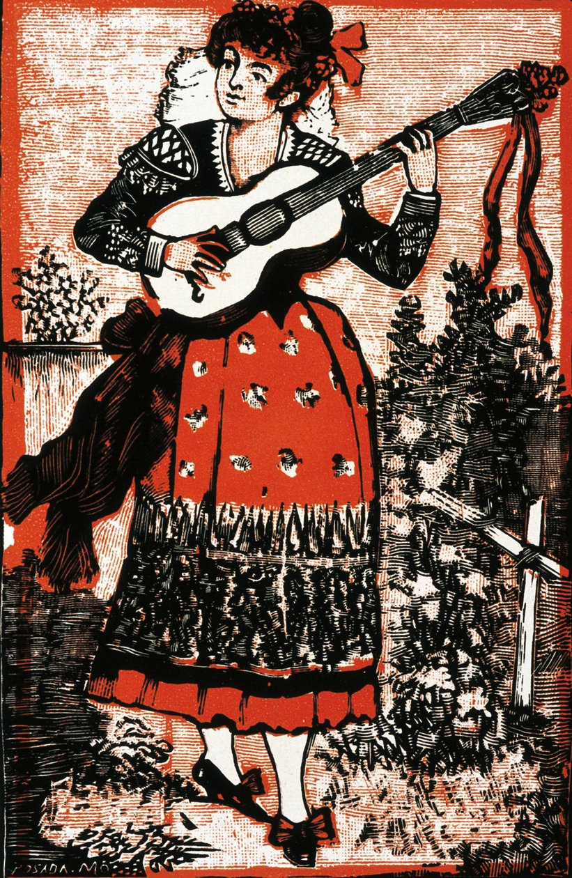 Egy gitáros mexikói nőt ábrázoló énekeskönyv borítója. Jose Guadalupe POSADA (1852-1913) metszete. Metszés alkotó: José Guadalupe Posada