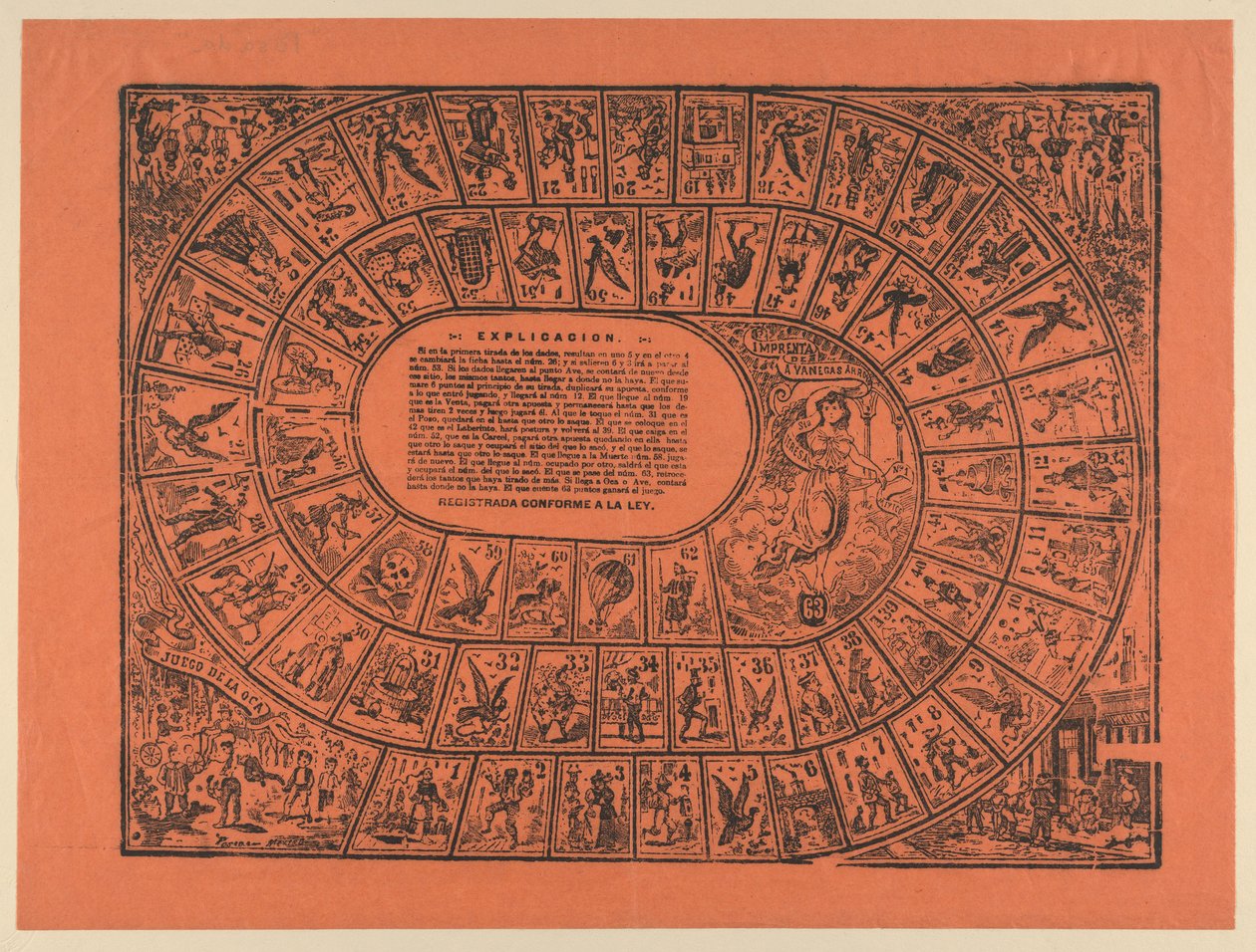 Gänsespiel (mit den Regeln in der Mitte gedruckt) alkotó: José Guadalupe Posada