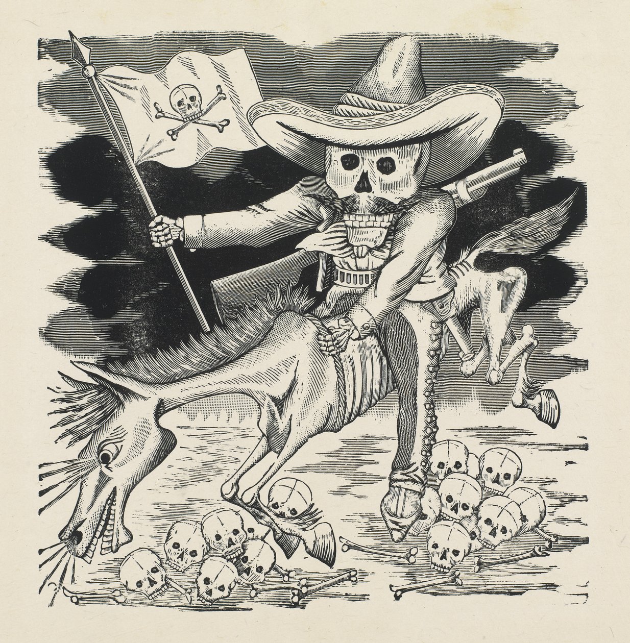 Emiliano Zapata nagy koponyája, 1911-16 körül, 1930-ban nyomtatva (fotó-domborműves metszet) alkotó: José Guadalupe Posada