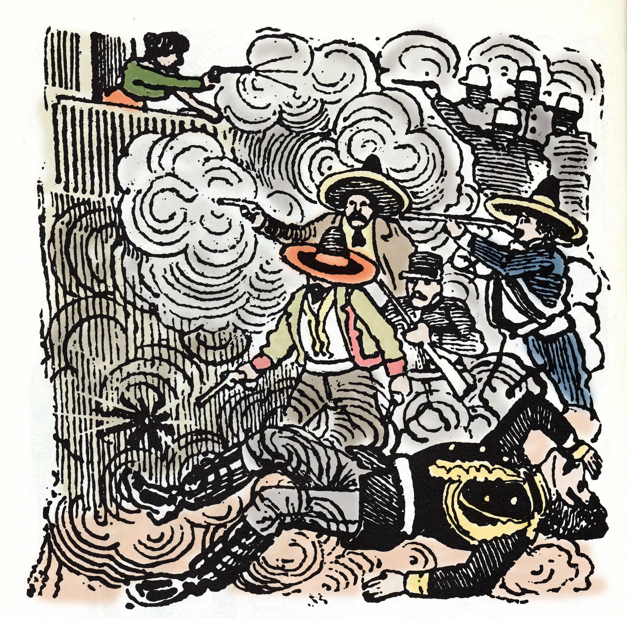 A mexikói forradalom (1910-1920): támadás Aquiles Serdan (1876-1910) háza ellen. Jose Guadalupe Posada (1852-1913) xilográfiája. alkotó: José Guadalupe Posada