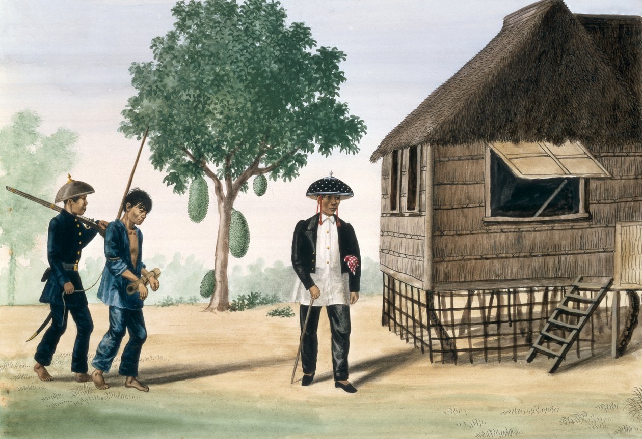 Egy fogoly, akit egy rendőr és egy tanácsos vezetett, a "The Flebus Album of Views In and Around Manila", 1845 körül alkotó: Jose Honorato Lozano