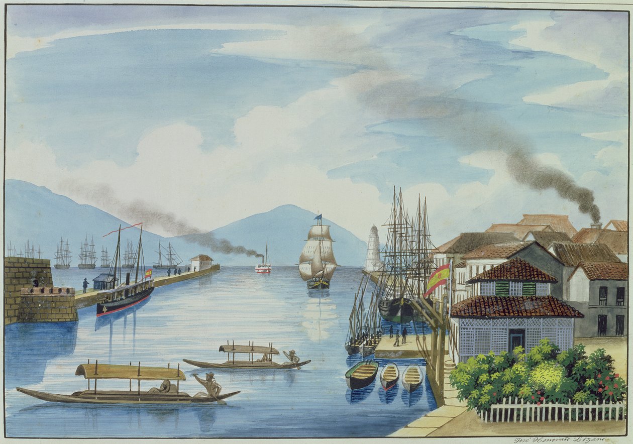 A Passig folyó torkolata, a "The Flebus Album of Views In and Around Manila", 1845 körül alkotó: Jose Honorato Lozano