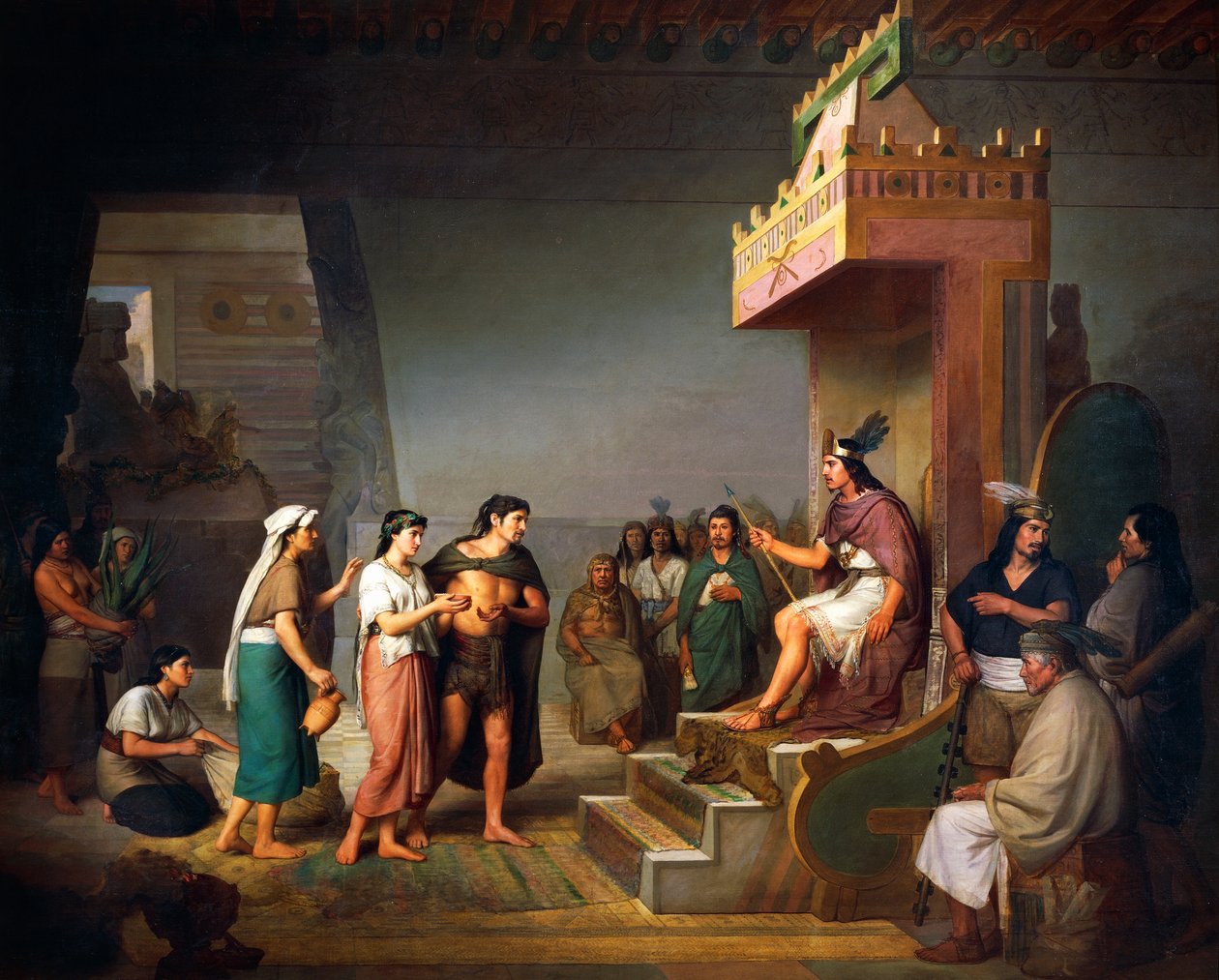 A pulque felfedezése, mezoamerikai alkoholos ital, olaj, vászon, Jose Maria Obregon (1832-1902) alkotó: José María Obregón