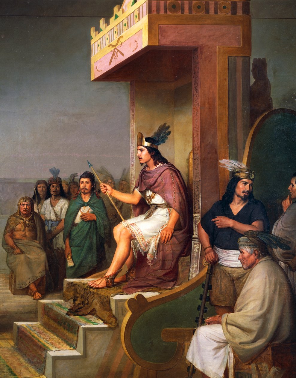 A császár a trónon, részlet a Discovery of pulque-ból, mezoamerikai alkoholos ital, olaj, vászon, Jose Maria Obregon (1832-1902) alkotó: José María Obregón