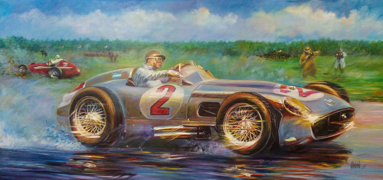 Juan Manuel Fangio, Grand Prix City of Buenos Aires 1955, Argentína, Mercedes Benz 196 W. (akril, vászon) alkotó: Jose Maria Villafuerte