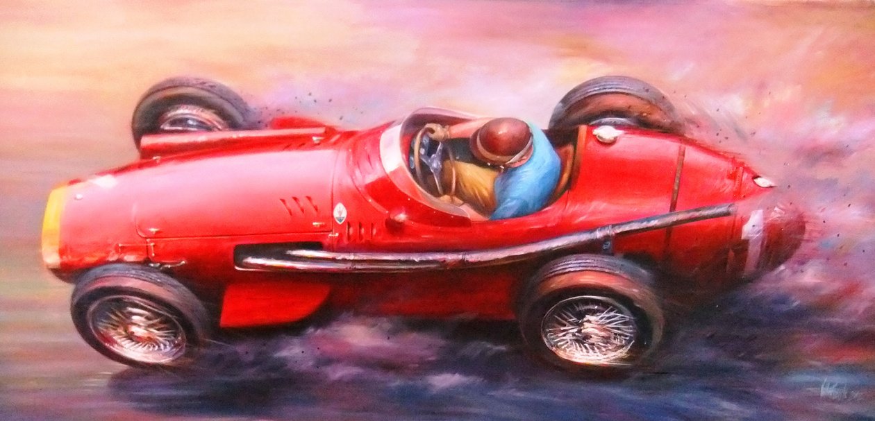 Juan Manuel Fangio, Mille Miglia 1953, Alfa Romeo 6C3.000cc (piros tetejű) (akril, vászon) alkotó: Jose Maria Villafuerte