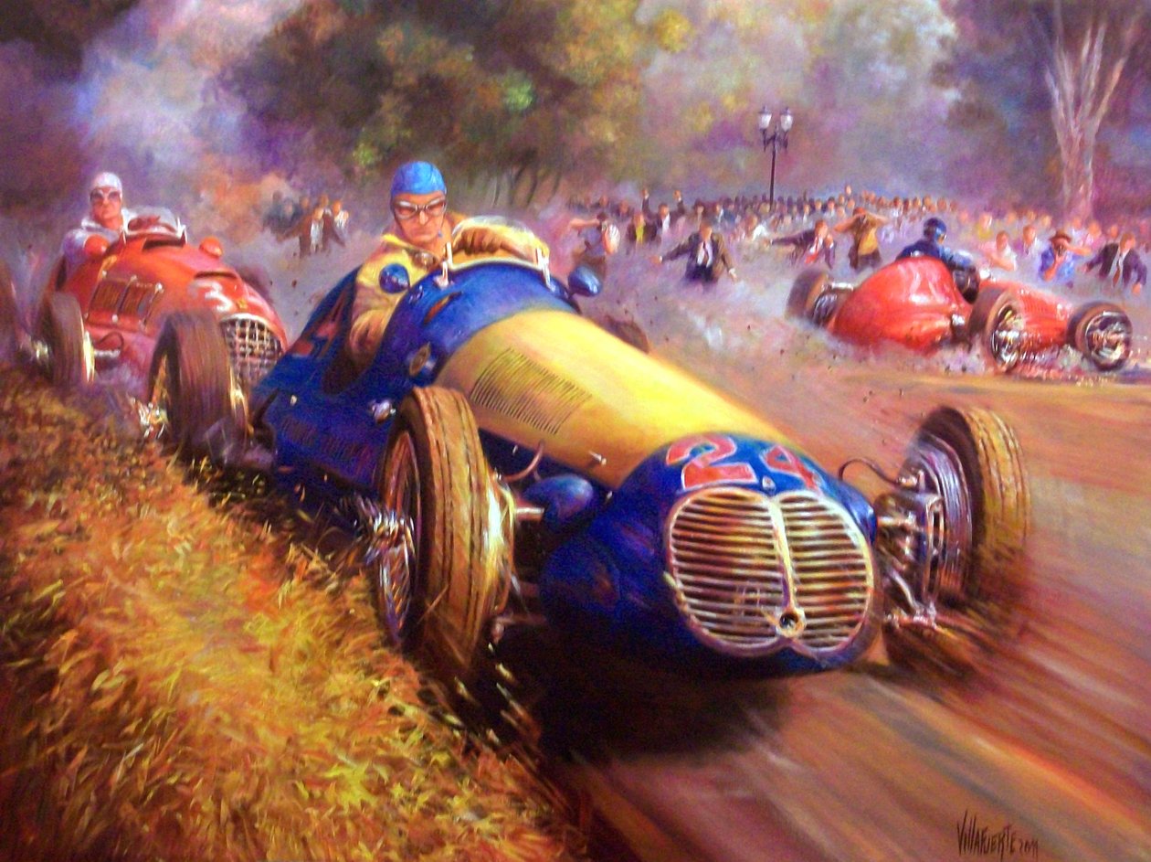 Juan Manuel Fangio vezeti a Maserati 4Cl-t Palermo Buenos aires erdője alkotó: Jose Maria Villafuerte
