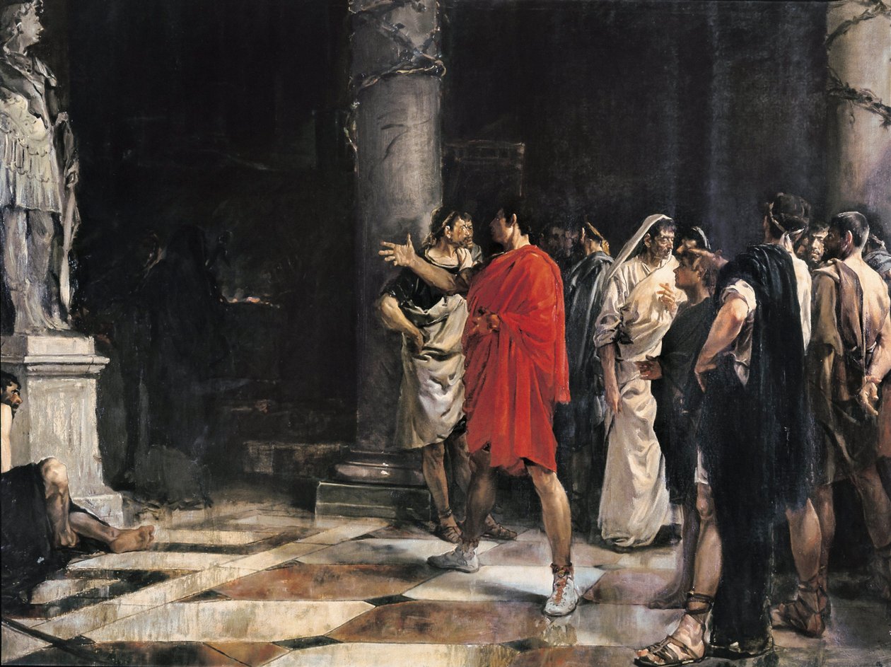 Jules Cesar (Caius Iulius Caesar) (Kr. e. 101-44) Nagy Sándor szobra előtt áll Cadizi Herkules (Gadir) templomában (olaj, vászon) alkotó: Jose Morillo Ferrada