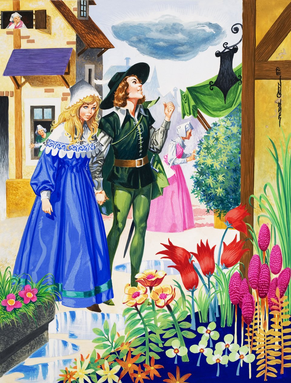 Pár csodálja a virágokat (gouache, papír) alkotó: Jose Ortiz
