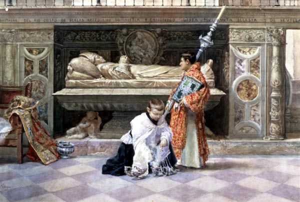 Oltárfiúk a templombelsőben (ceruza és akvarell papíron) alkotó: Jose Villegas Cordero