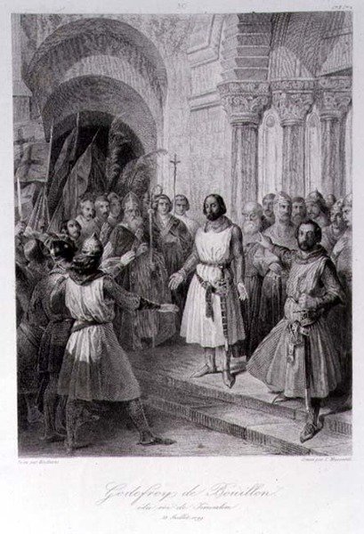 Bouillon Godfrey (kb. 1060-1100) Jeruzsálem királyává választott, Leopold Massard (1812-89) metszet (metszet) alkotó: Jose de (after) Madrazo y Garreta