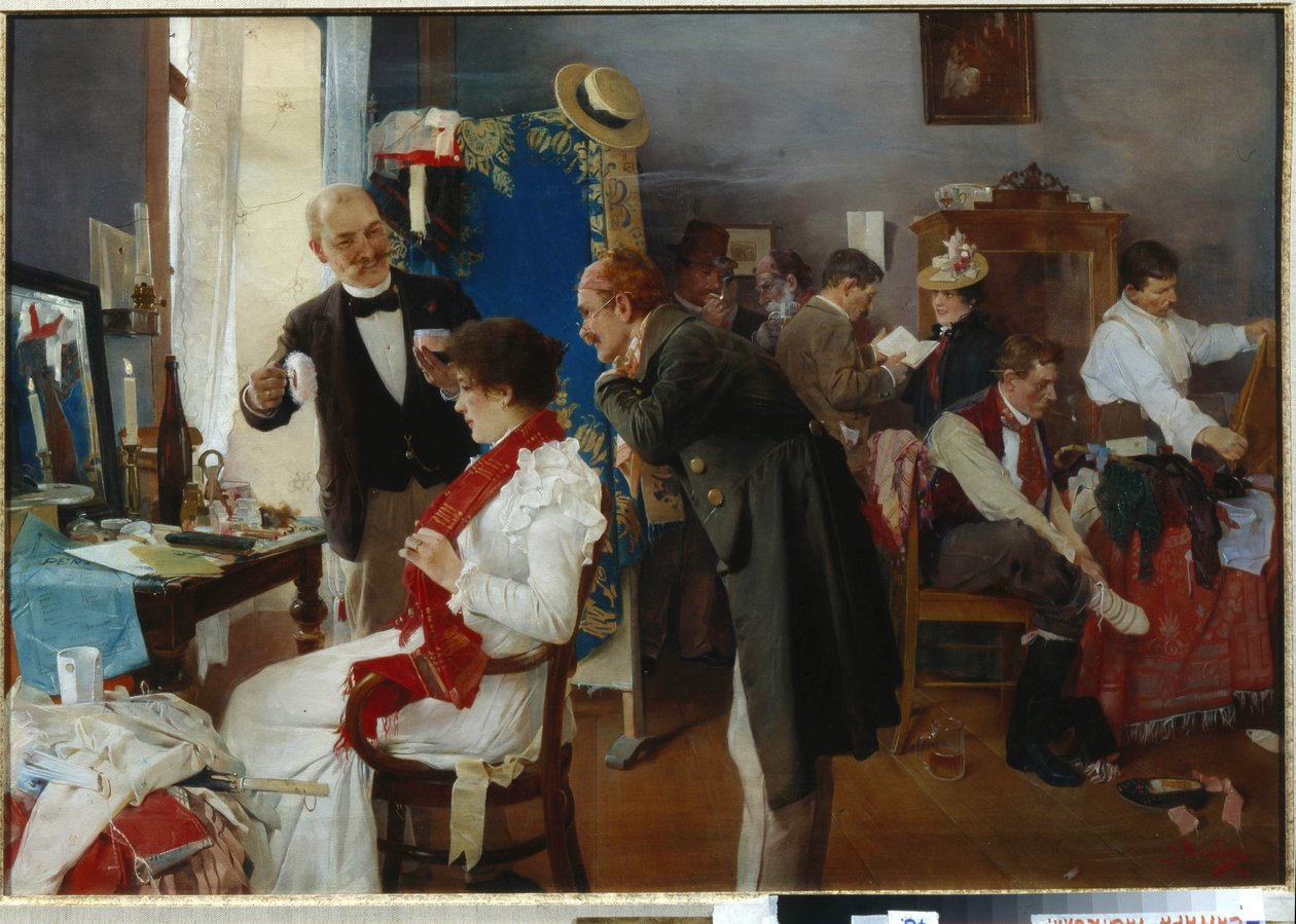 ""Dans la loge"" (Az öltözőben) Művészek készülődnek a bemutató előtt Josef Douba festménye (1866-1928) 19. század vége Olaj, vászon - Magángyűjtemény alkotó: Josef Douba
