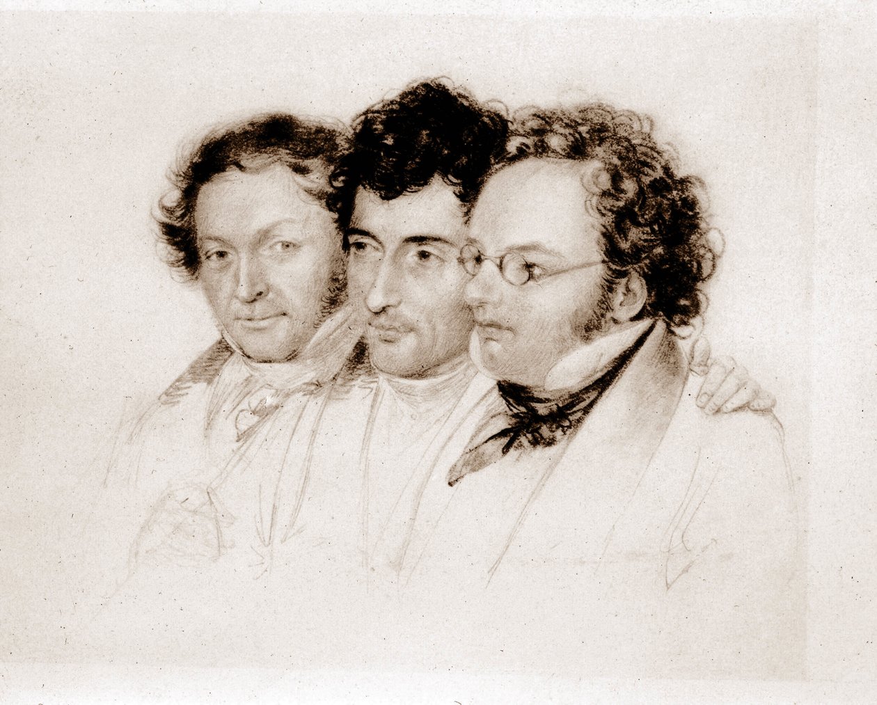 Balról jobbra: Jenger, Httenbrenner és F. Schubert. Acquarelle Feltschertől. alkotó: Josef Eduard Teltscher