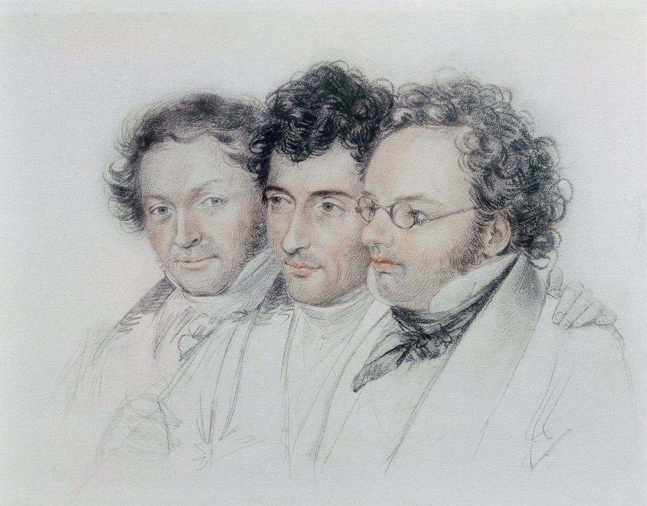 Balról jobbra Johann Baptist Jenger (1793-1856), Anselm Huttenbrenner (1794-1868) és Franz Schubert (1797-1828) zeneszerzők barátai, Josef Teltscher pasztellje alkotó: Josef Eduard Teltscher